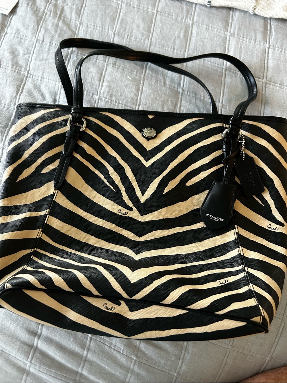 Coach Black & Cream Zebra-Print Leather Tote